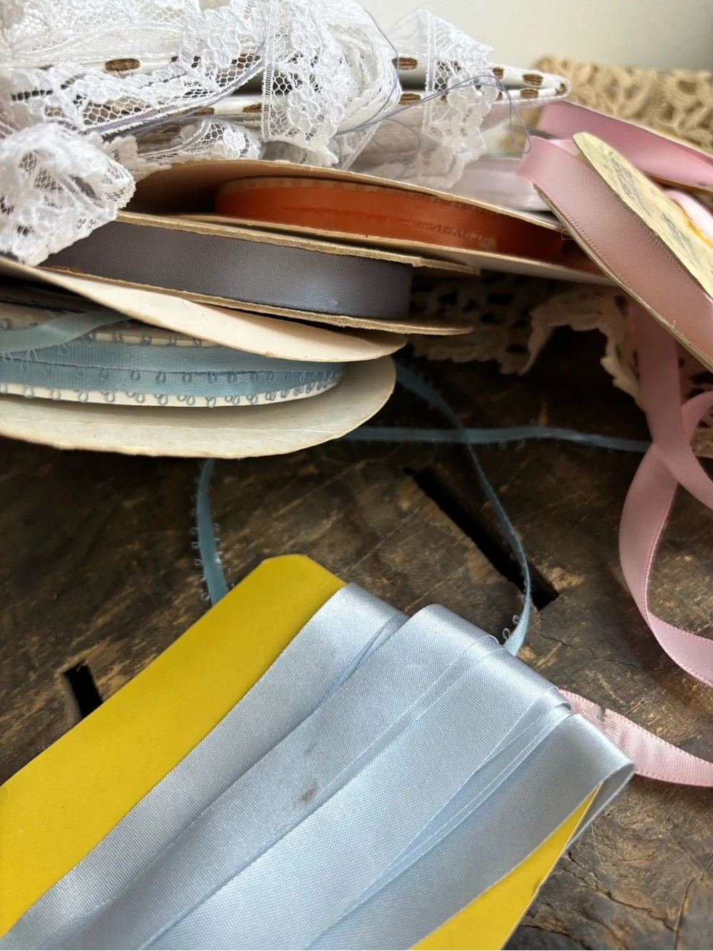Vintage lot of Mixed Satin Ribbons and White Lace Trim Bundle Destash